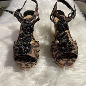 Gianni Bini 9.5 leopard print wedge, black sparkle and buckle close. Never worn